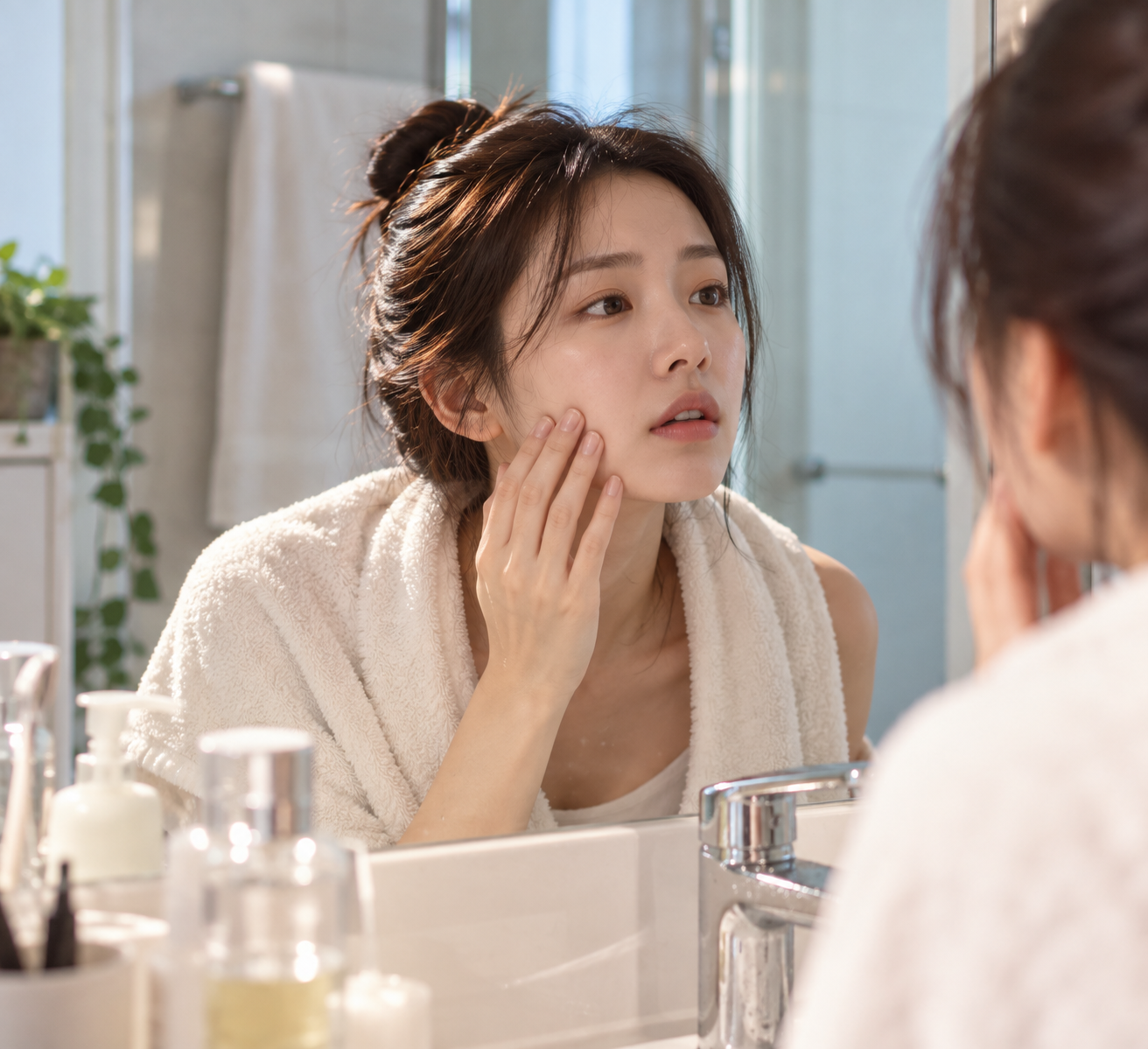 세안 후 거울을 보며 볼의 당김을 확인하는 자연스러운 모습