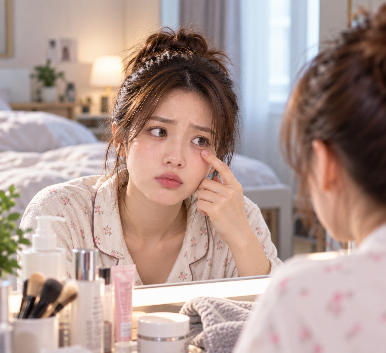 아침에 거울을 보며 눈 주변 붓기를 확인하는 자연스러운 모습