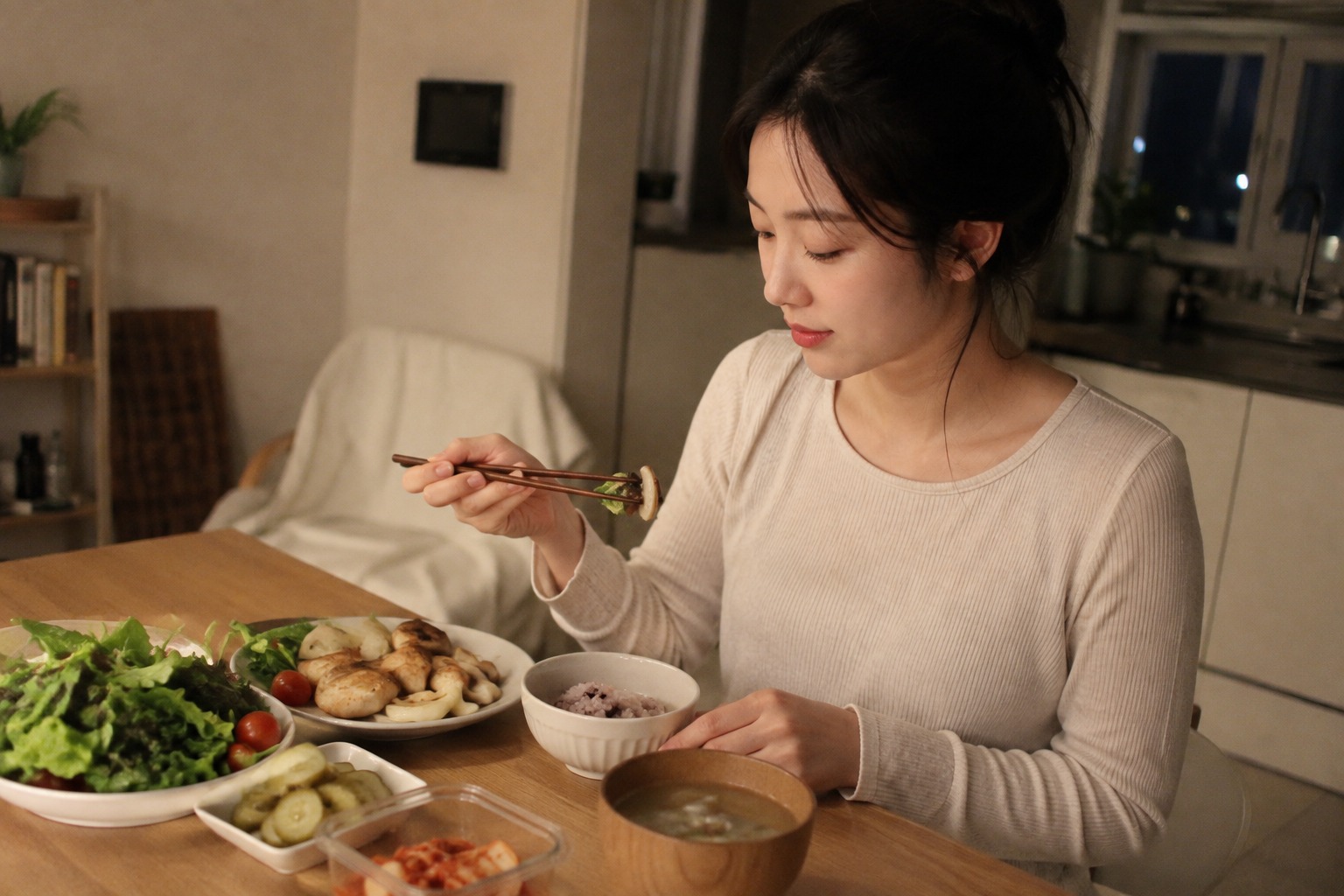 잡곡밥과 채소, 버섯, 단백질 반찬을 곁들인 건강한 저녁 식사를 먹는 모습