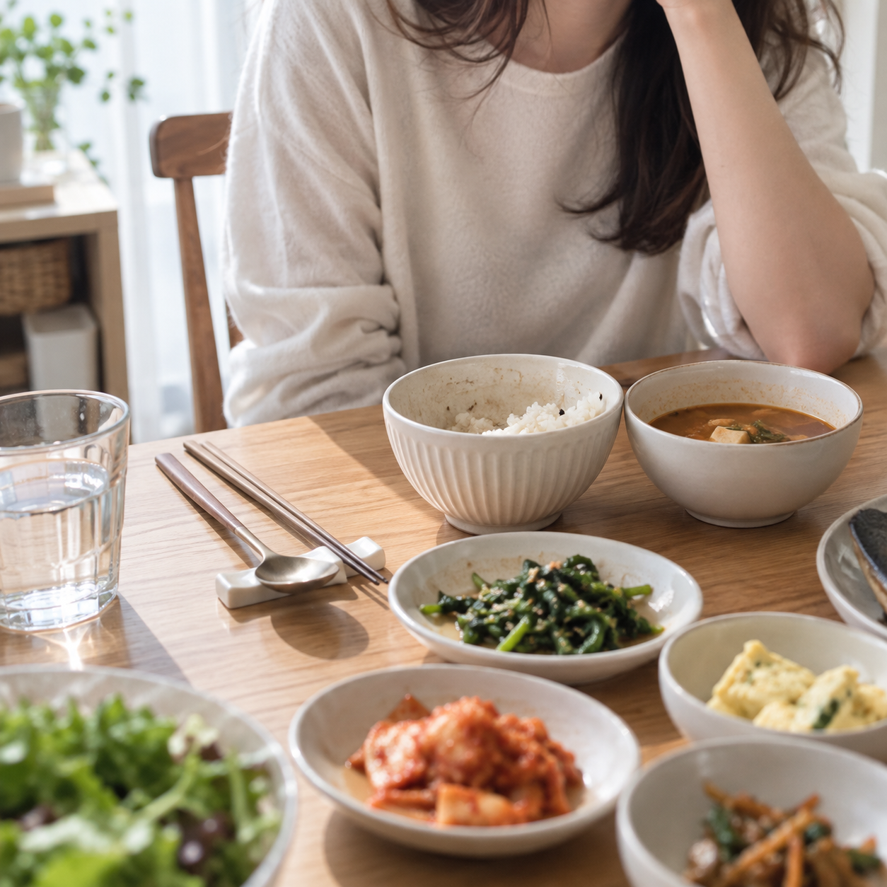 밝은 집 식탁에서 한 사람이 천천히 한식 식사를 하는 자연스러운 모습