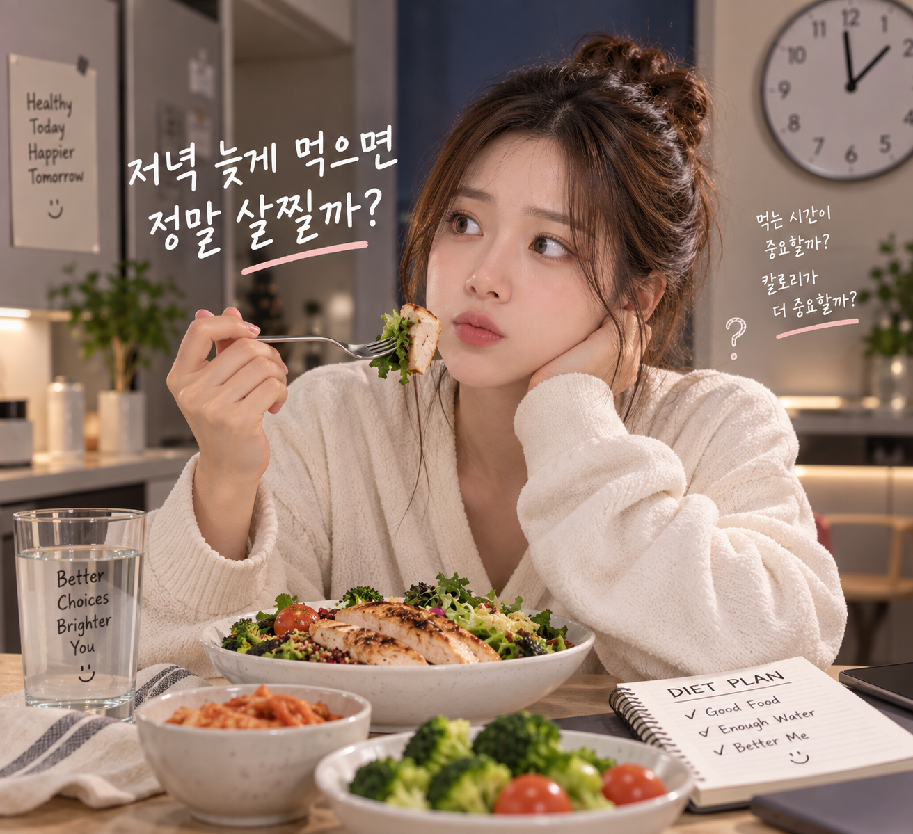 늦은 밤 시계를 보며 닭가슴살과 채소 식사를 하는 모습