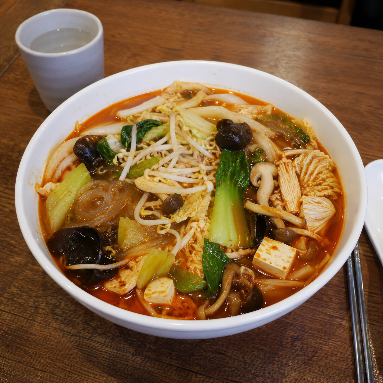 청경채와 버섯, 두부, 당면이 담긴 마라탕 한 그릇