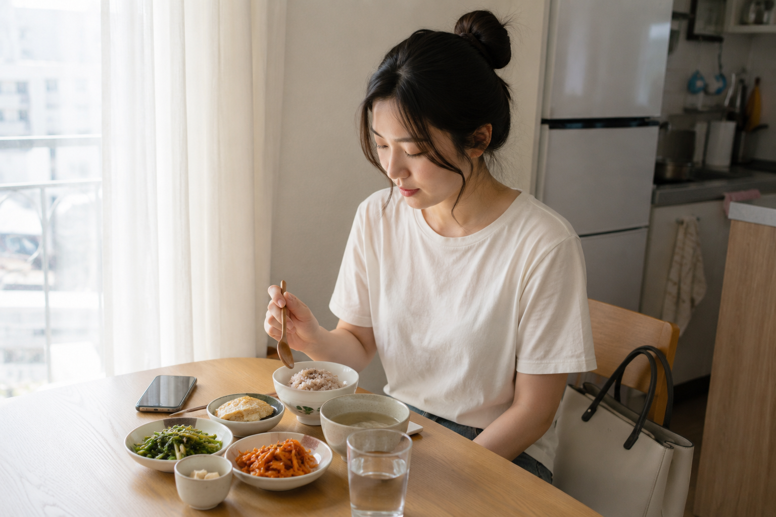 외식 약속이 있는 날 집에서 가벼운 한 끼를 챙겨 먹는 20대 여성