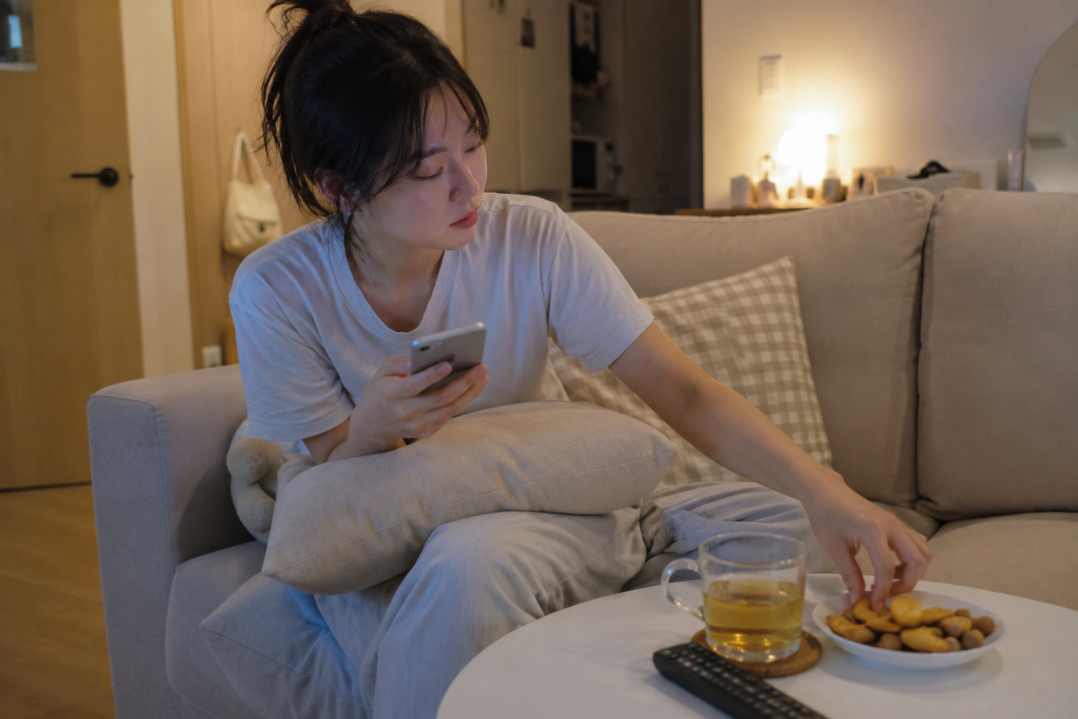 저녁 거실에서 휴대폰을 보며 무심코 간식에 손을 뻗는 20대 여성