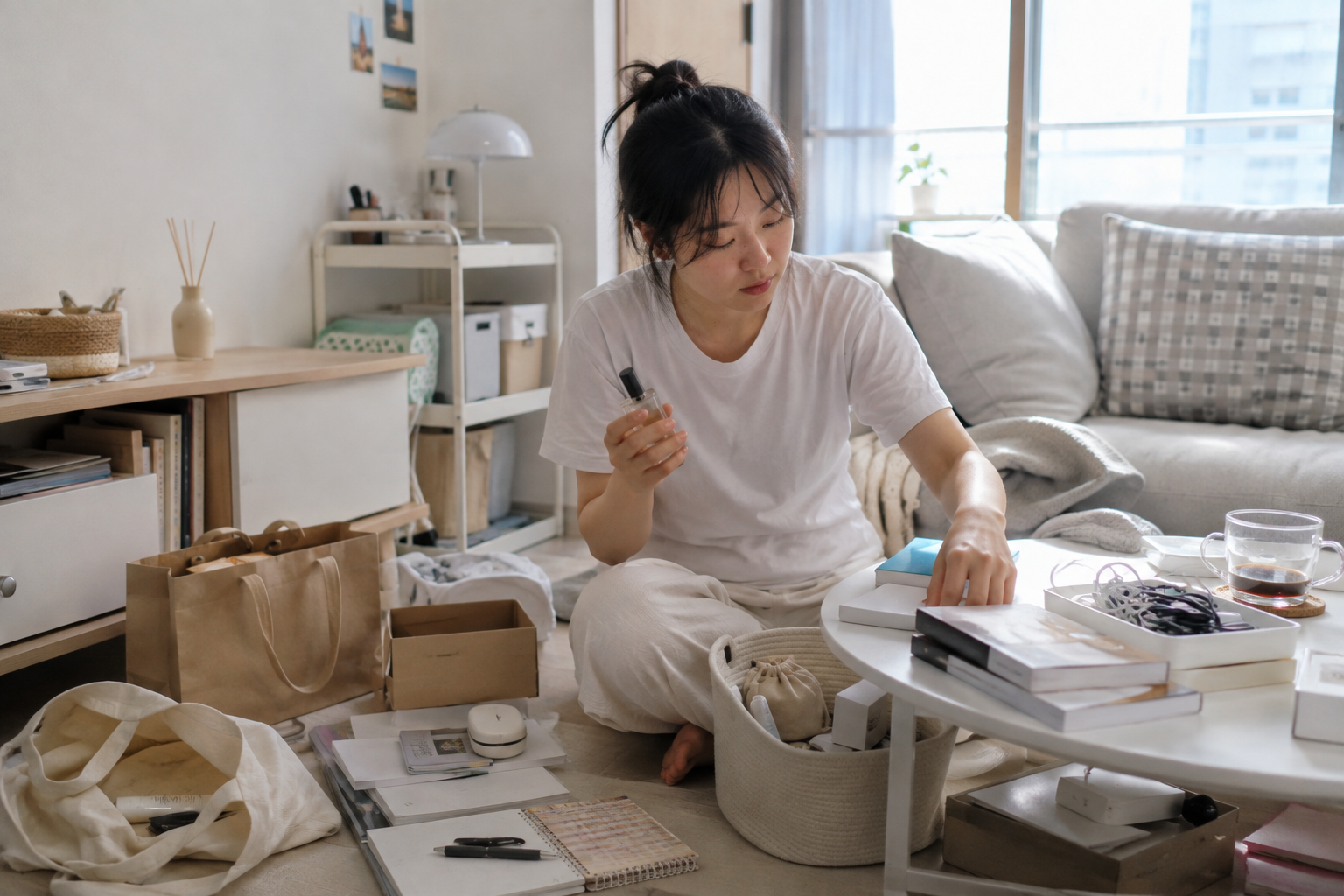 거실 바닥에 앉아 조금씩 쌓인 생활용품과 책, 상자를 정리하는 20대 여성