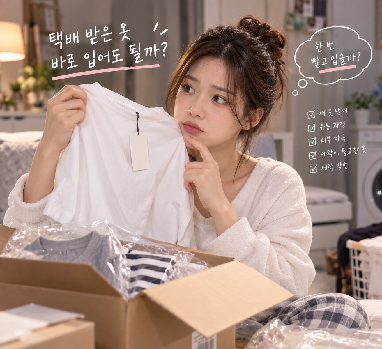 택배 상자에서 새 흰 티셔츠를 꺼내 살펴보는 사람