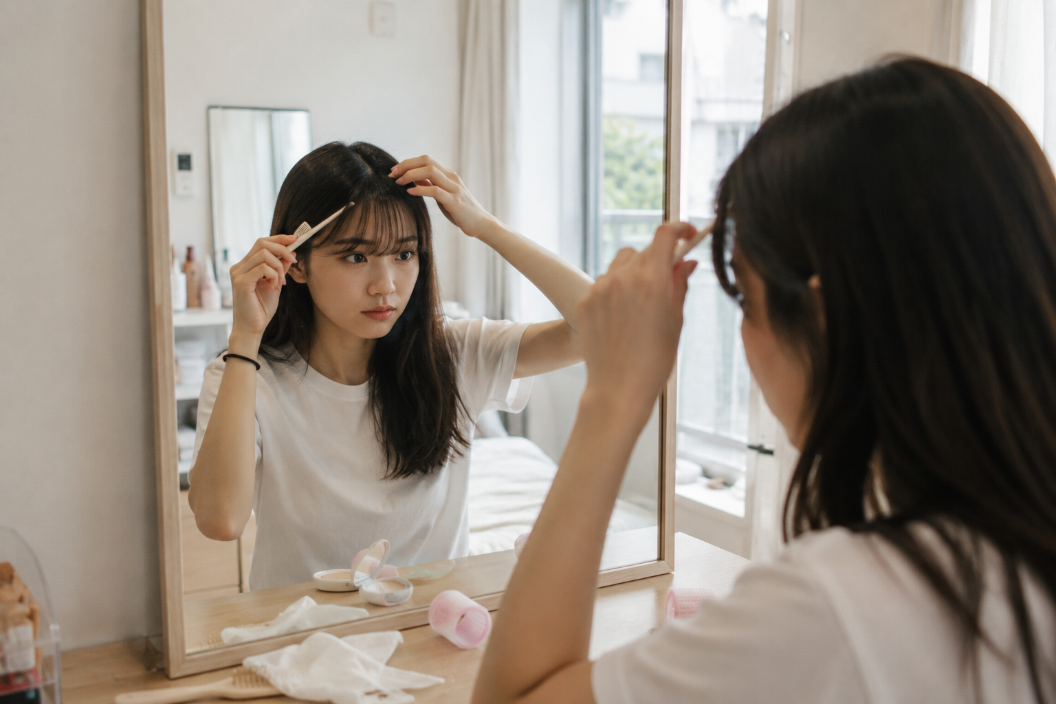 화장대 거울 앞에서 빗으로 앞머리를 정리하는 20대 여성