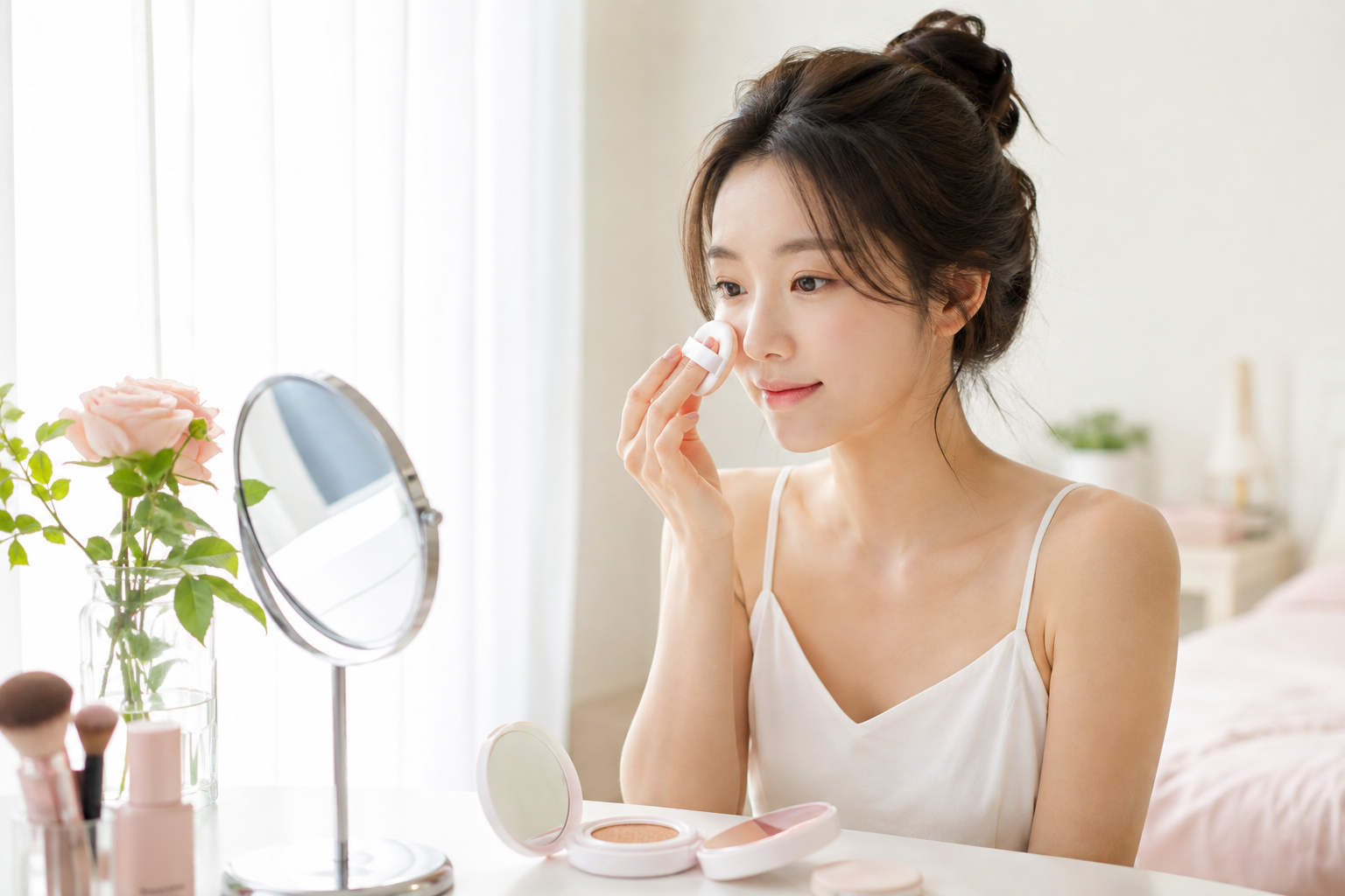 화장대 앞에서 쿠션 퍼프로 베이스 메이크업을 하는 여성