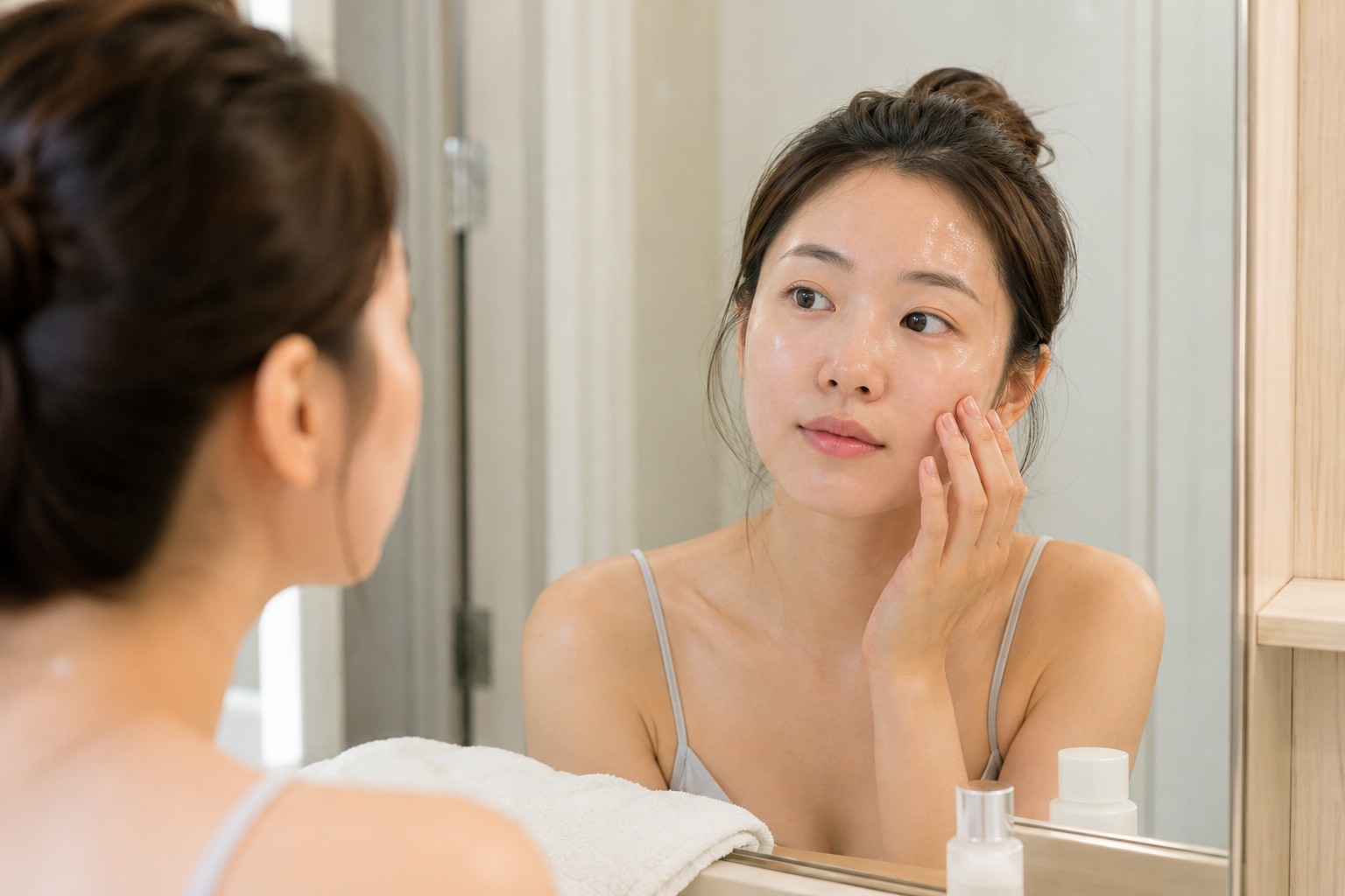 세안 후 거울을 보며 볼 주변 피부 상태를 확인하는 여성